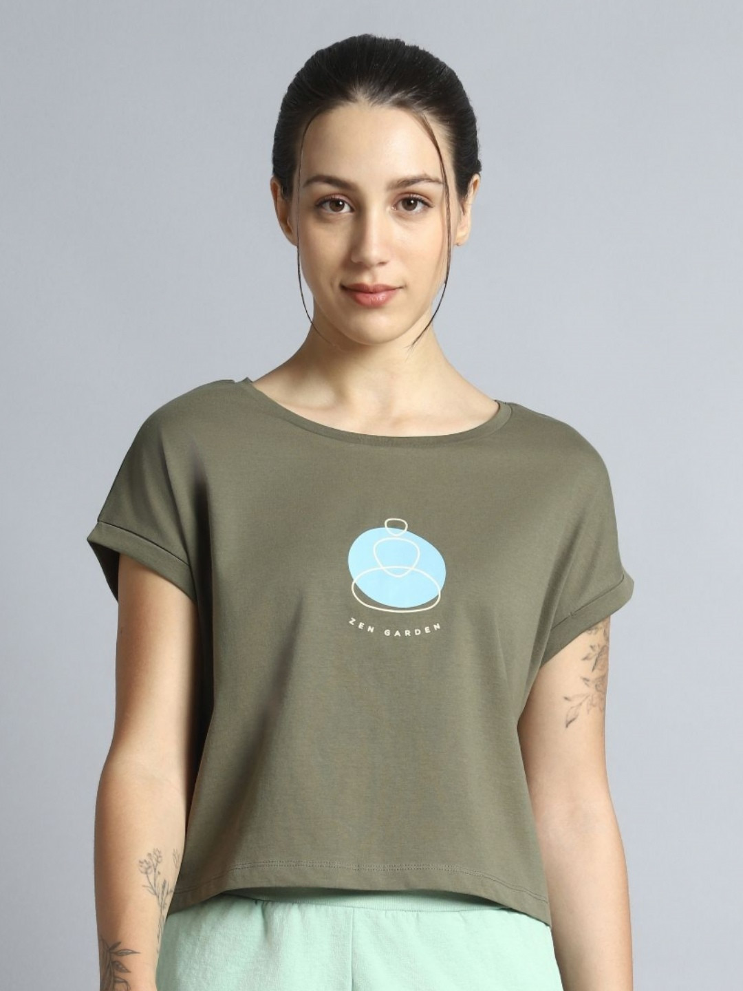 CULT Women Olive Yoga Harmony Graphic Pure Cotton Boxy T-shirt