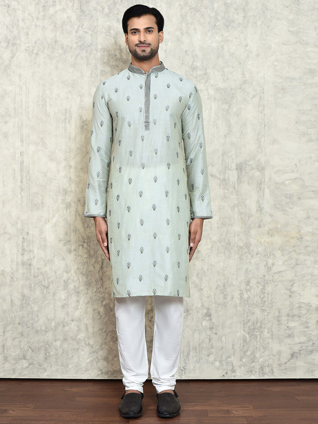 Arihant Rai Sinha Floral Embroidered Mandarin Collar Straight Poly Silk Kurta & Churidar