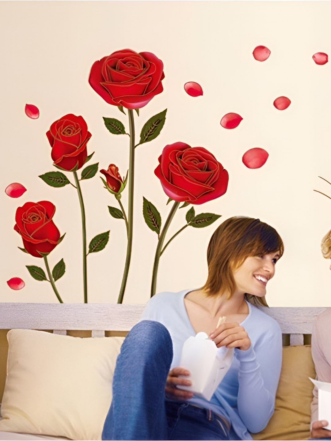 INDIAN ROYALS Red & Green Red Rose Printed Self-Adhesive & Durable Wall Sticker