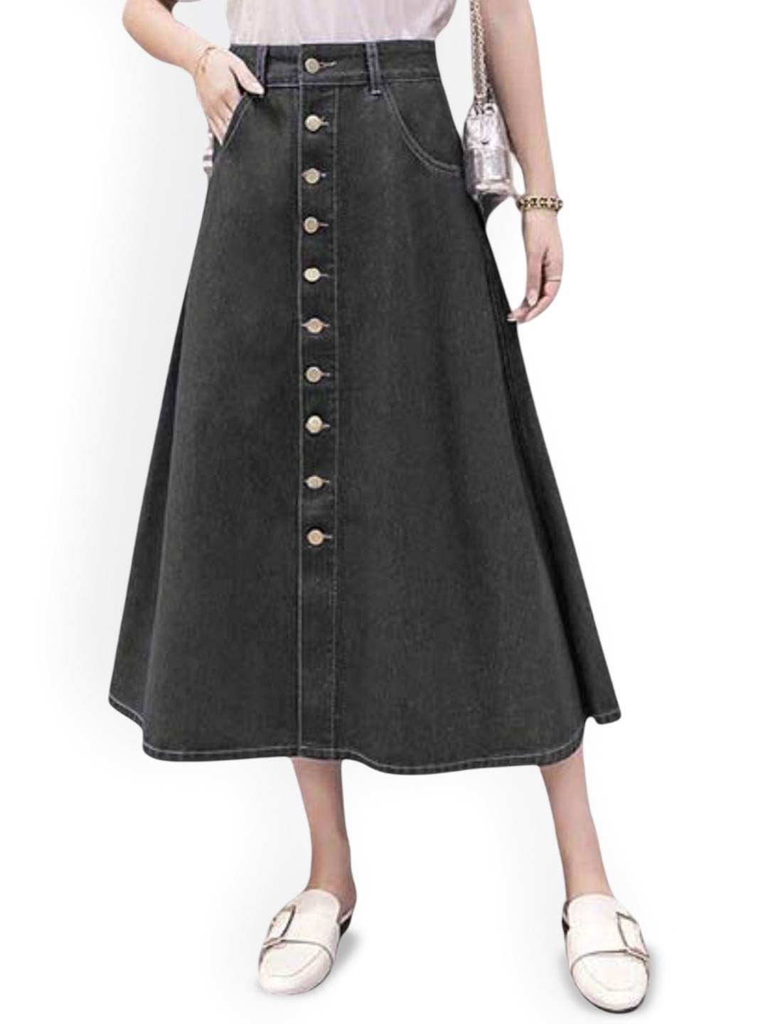 Tripursundari Fashion Denim High Waist A-Line Midi Skirt