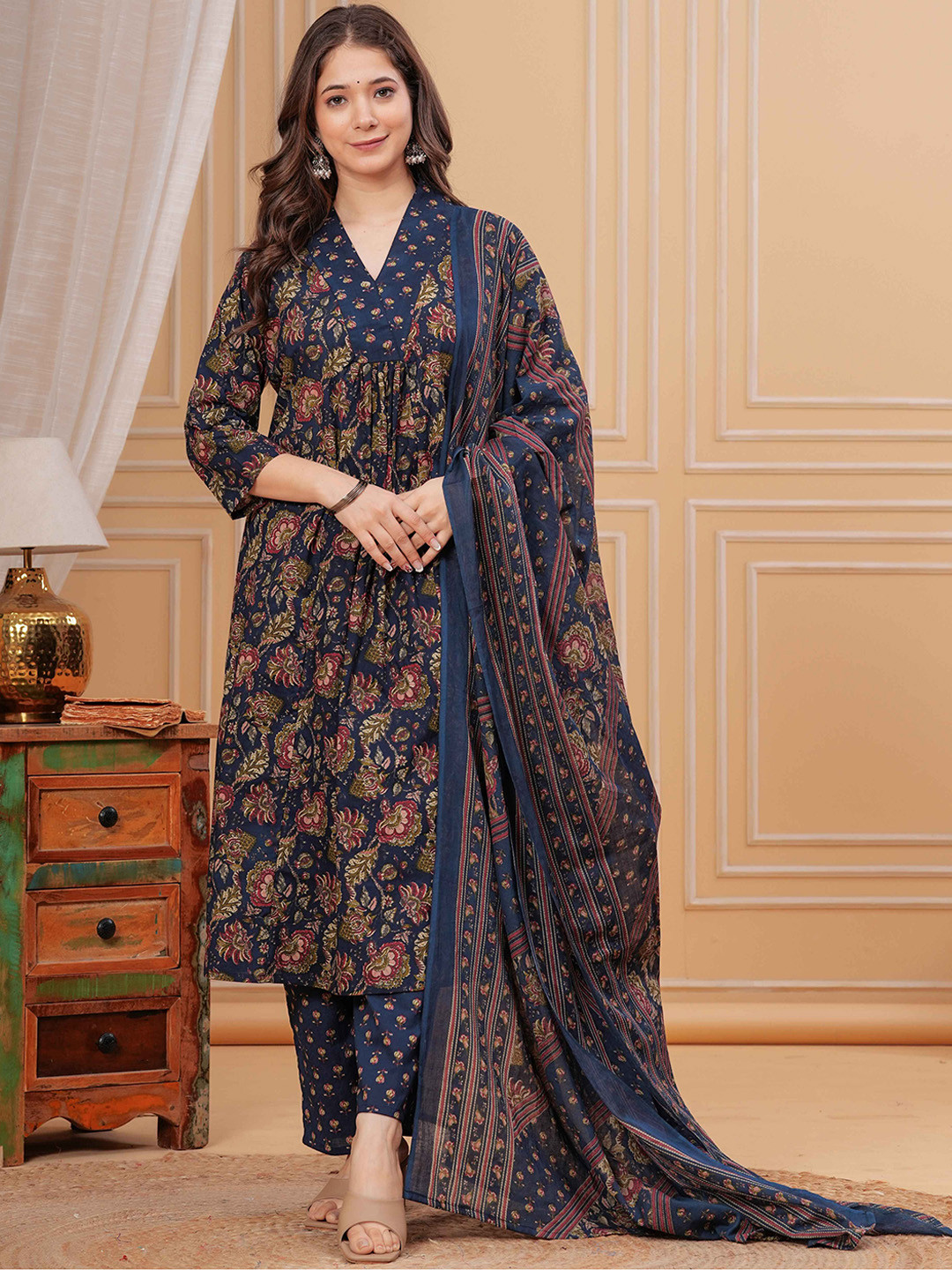 Rangnavi Floral Printed V-Neck Pleated Pure Cotton A-Line Kurta With Trouser And Dupatta