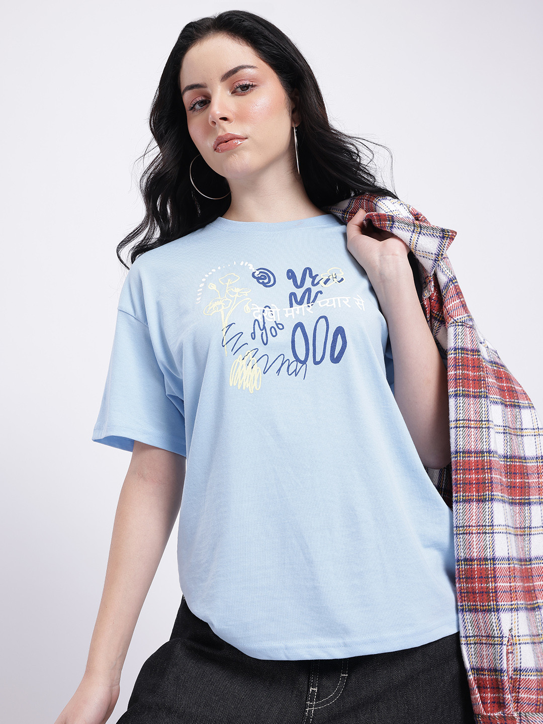 glitchez Check Print Drop-Shoulder Sleeves Relaxed Fit T-shirt