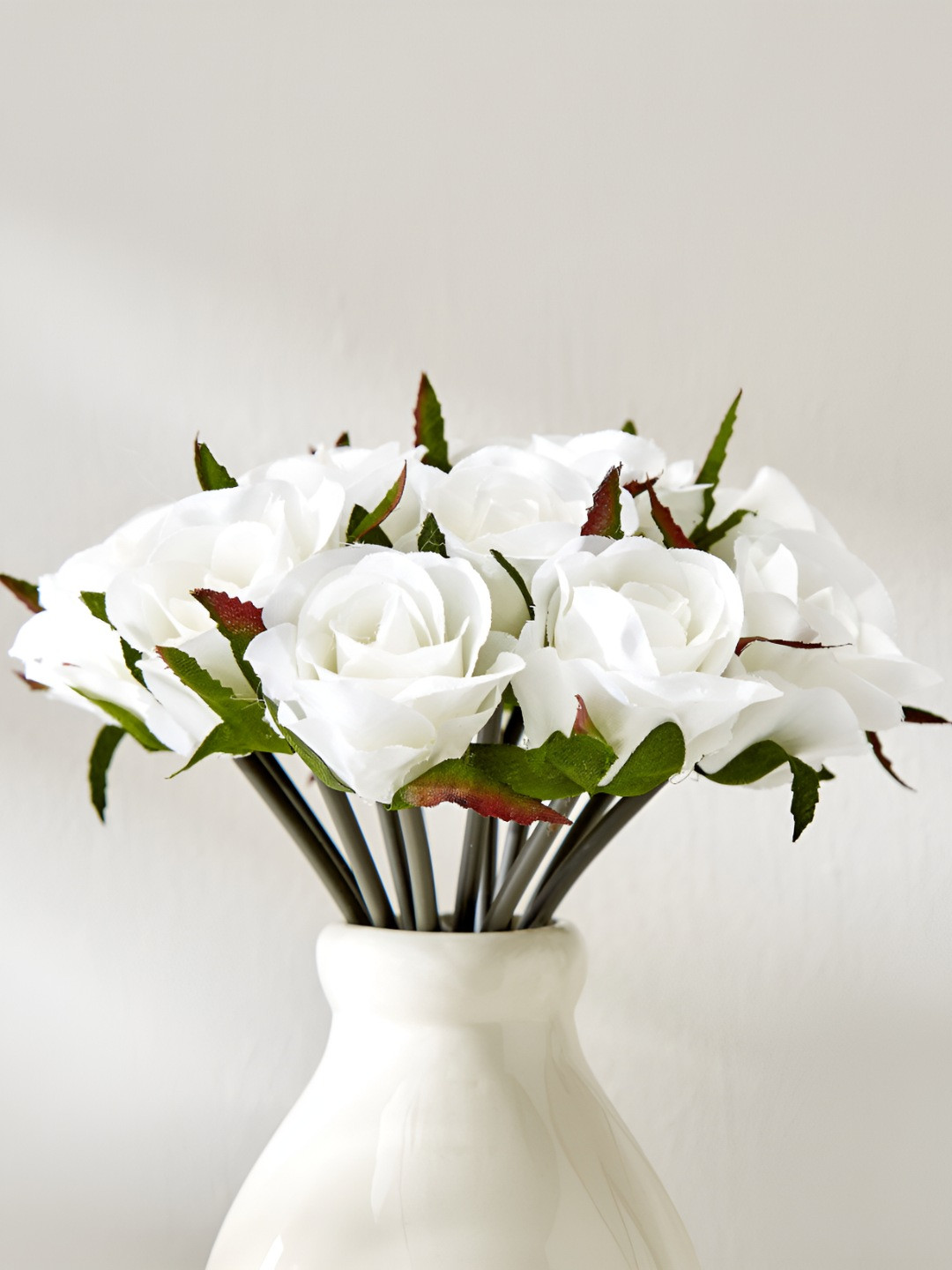 Home Centre White & Green 15 Pieces Rose Artificial Flower With Pot