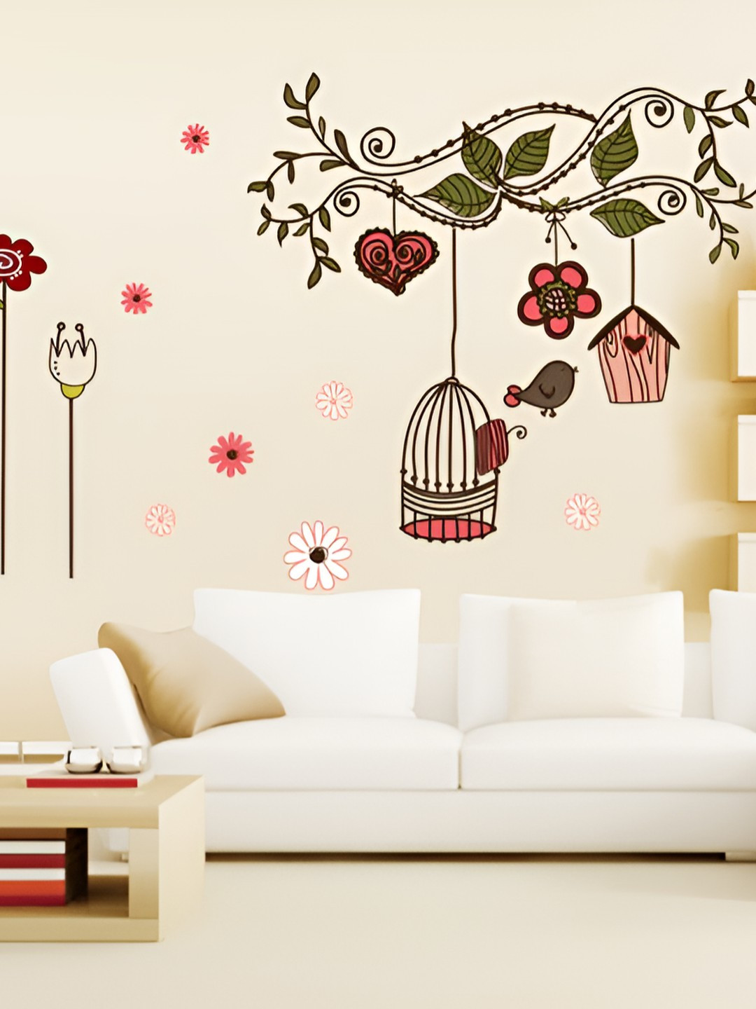 INDIAN ROYALS Green & Pink Flower Birds Cage Self Adhesive Waterproof Wall Stickers