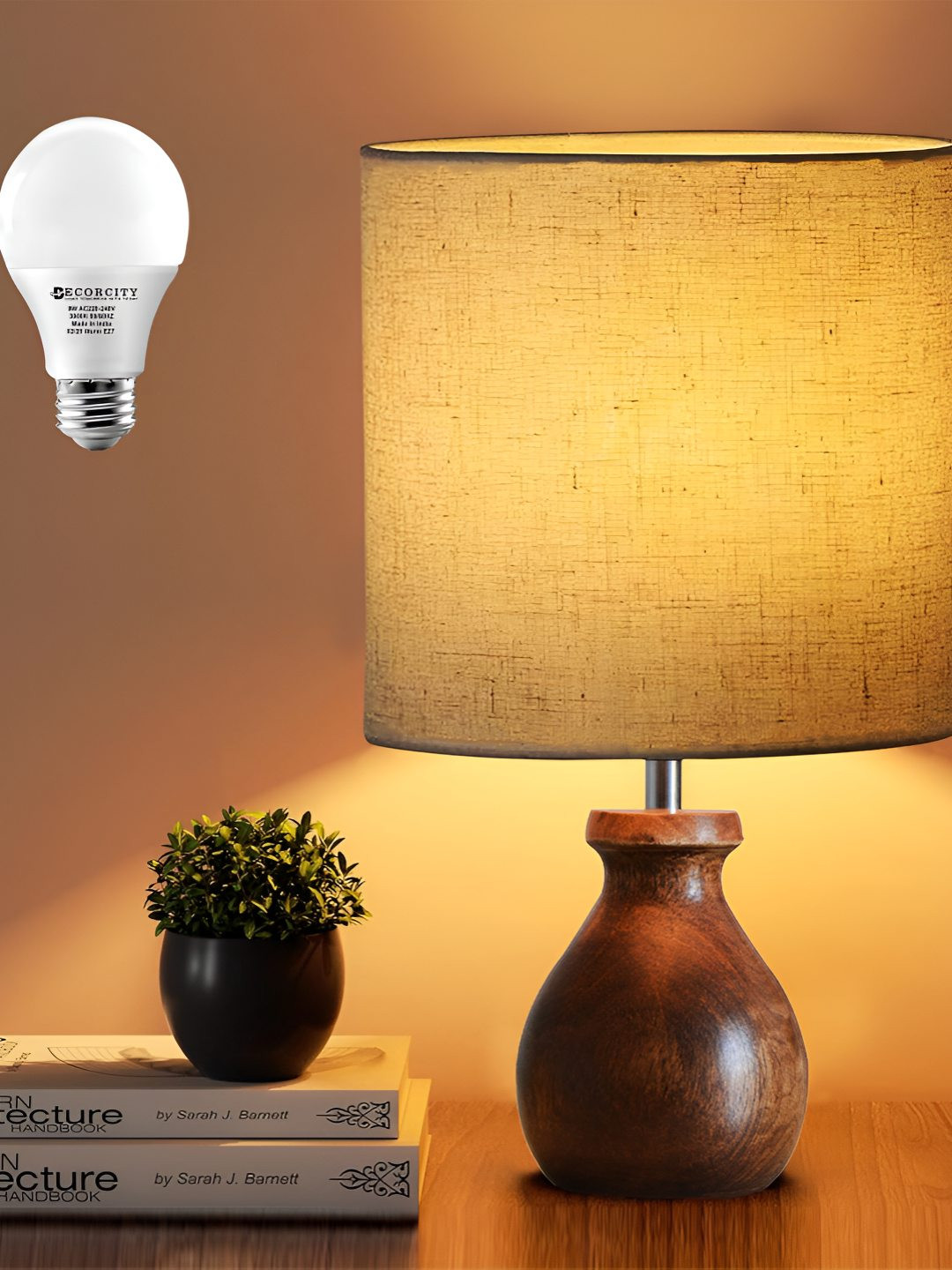 Decorcity Beige Wooden Cylindrical Shaped Table Lamp