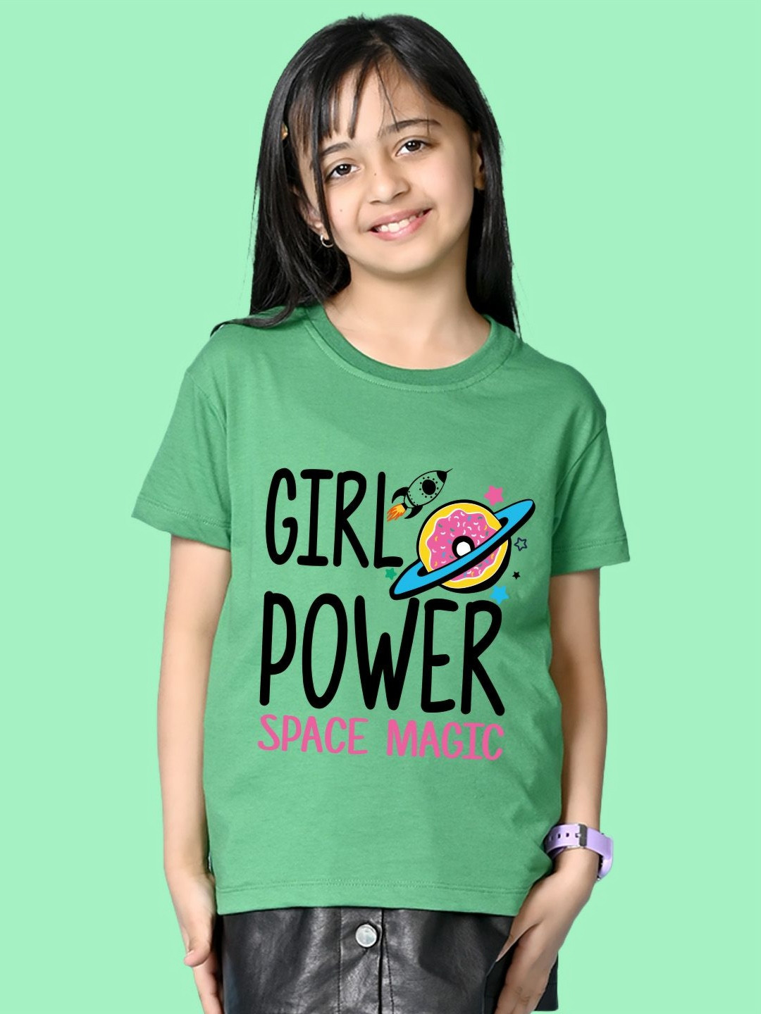 NUSYL Girls Girl Power Printed Round Neck Short Sleeves Oversized T-shirt