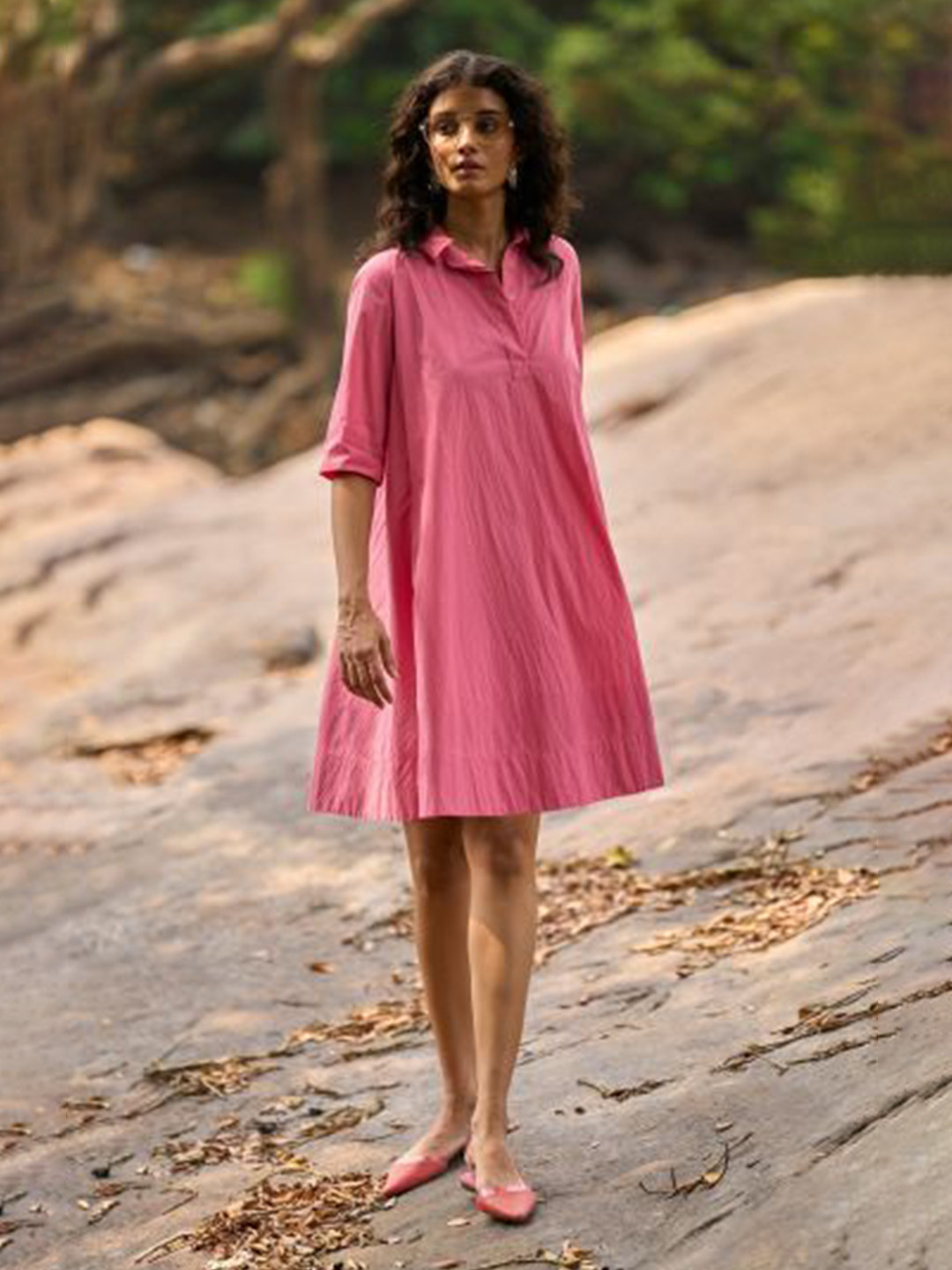 Dash and Dot Women Solid Roll-Up Sleeves A-Line Dress