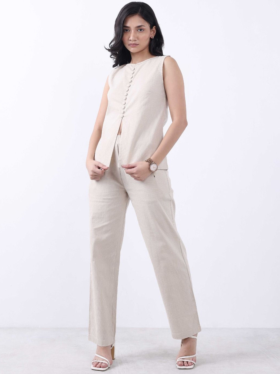 Bonnaty Linen Round Neck Top With Trousers Co-Ords Set
