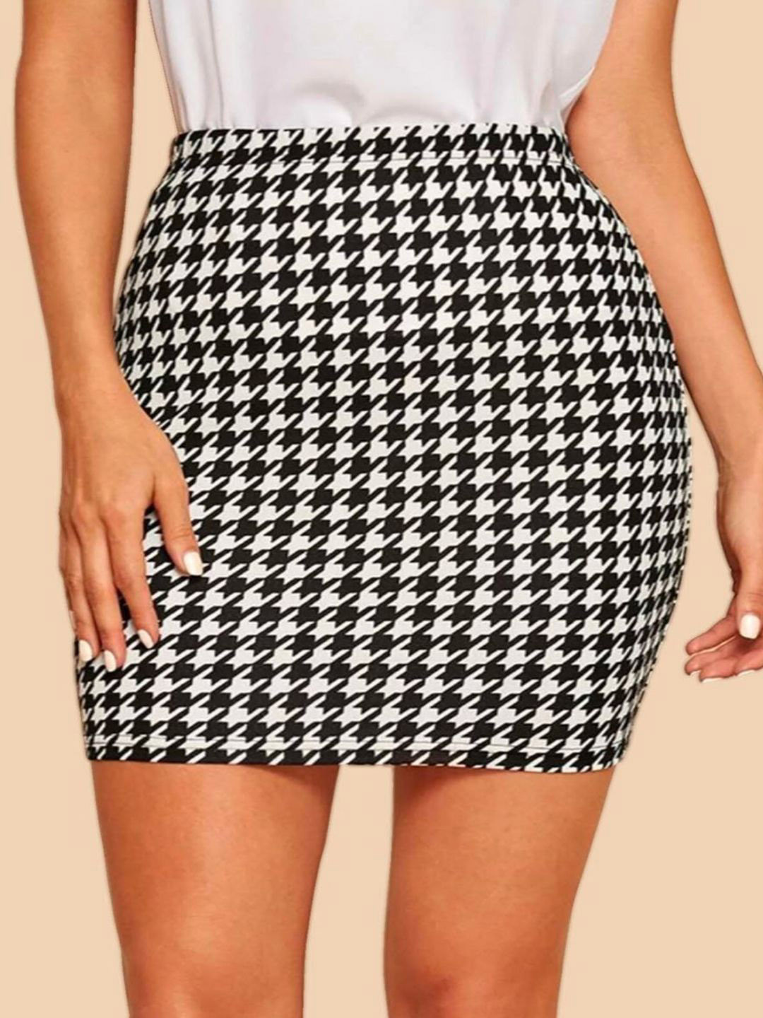 Dimpy Garments Black and White Houndstooth Print Women's Mini Pencil Skirt