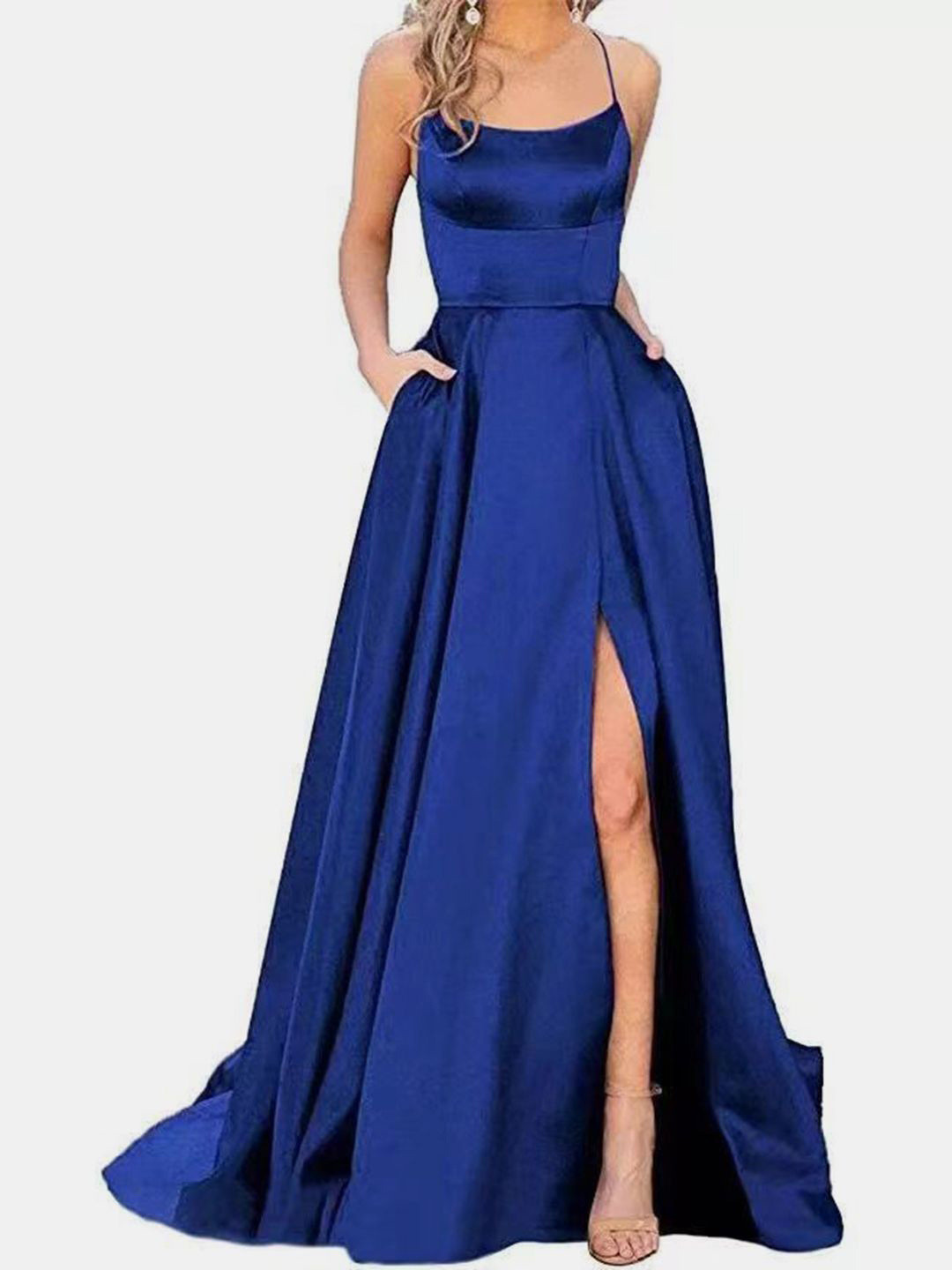 bebe Blue Spaghetti Strap Fit & Flare Maxi Gown Dress with Slit