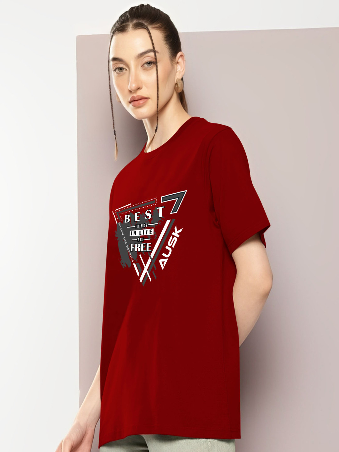 AUSK Women Printed Drop-Shoulder Sleeves Oversized Tshirt
