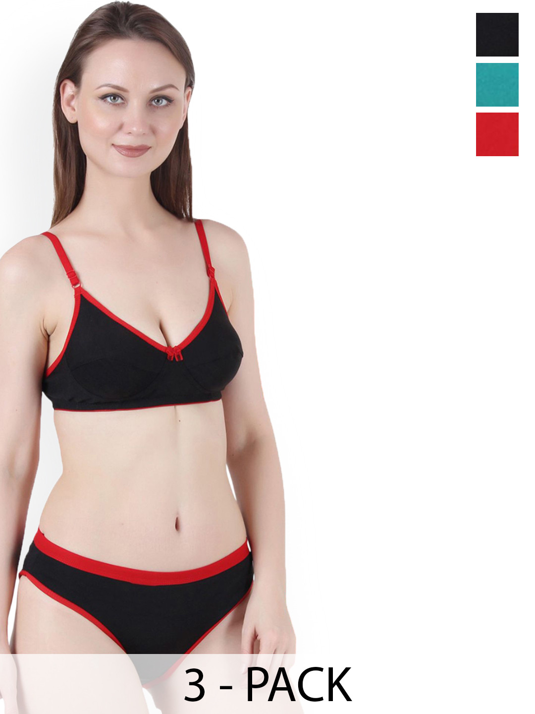 Love Maker Pack Of 3 Non Padded Lingerie Sets LVM-777-BLK-GRN-RED-30B