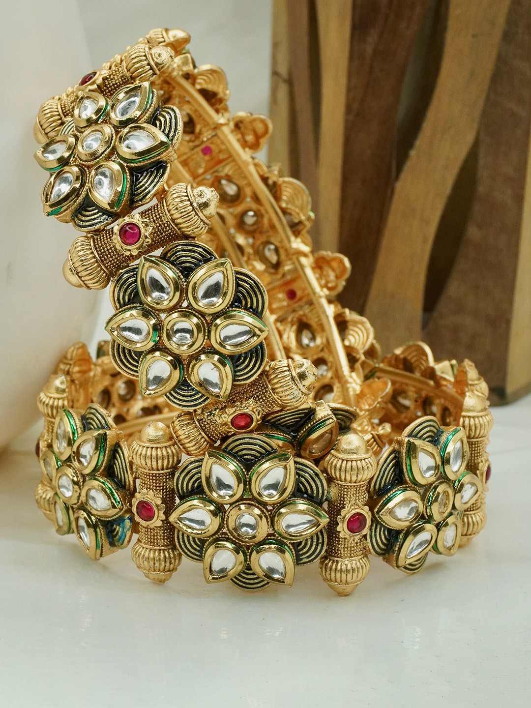Panini jewels Set Of 2 Gold-Plated Kundan-Studded Meena Karigari Bangles