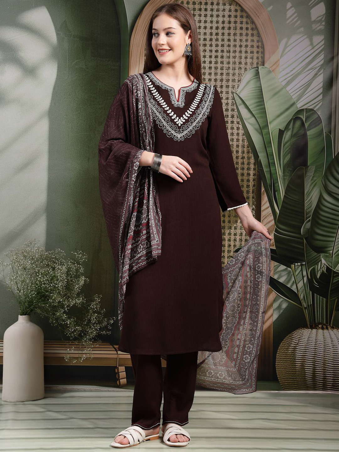 Nayam By Lakshita Solid Embroidered Straight Rayon Kurta Set with Dupatta for Women