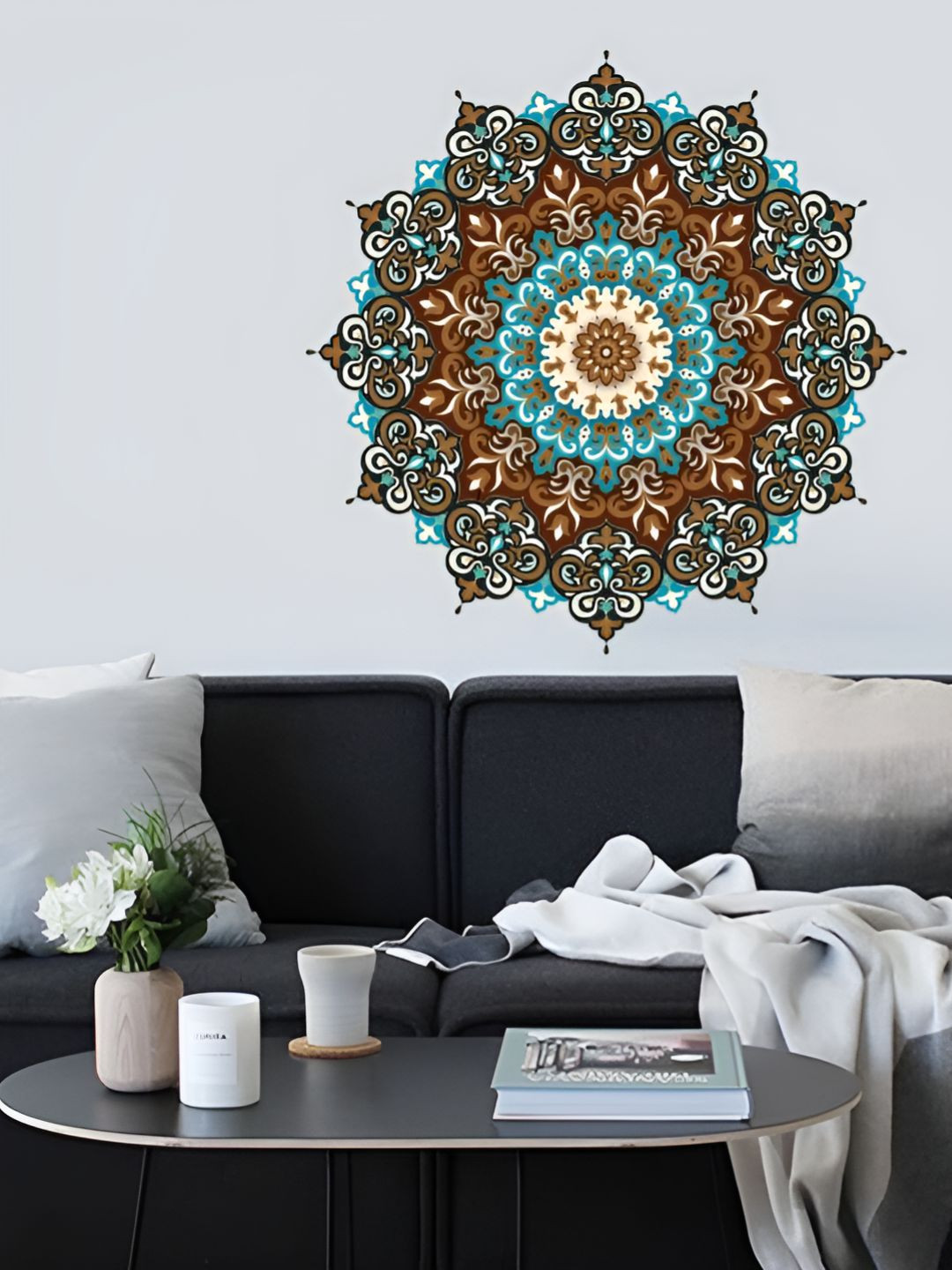 INDIAN ROYALS Brown & Blue Mandala Design Printed Self-Adhesive & Durable Wall Sticker
