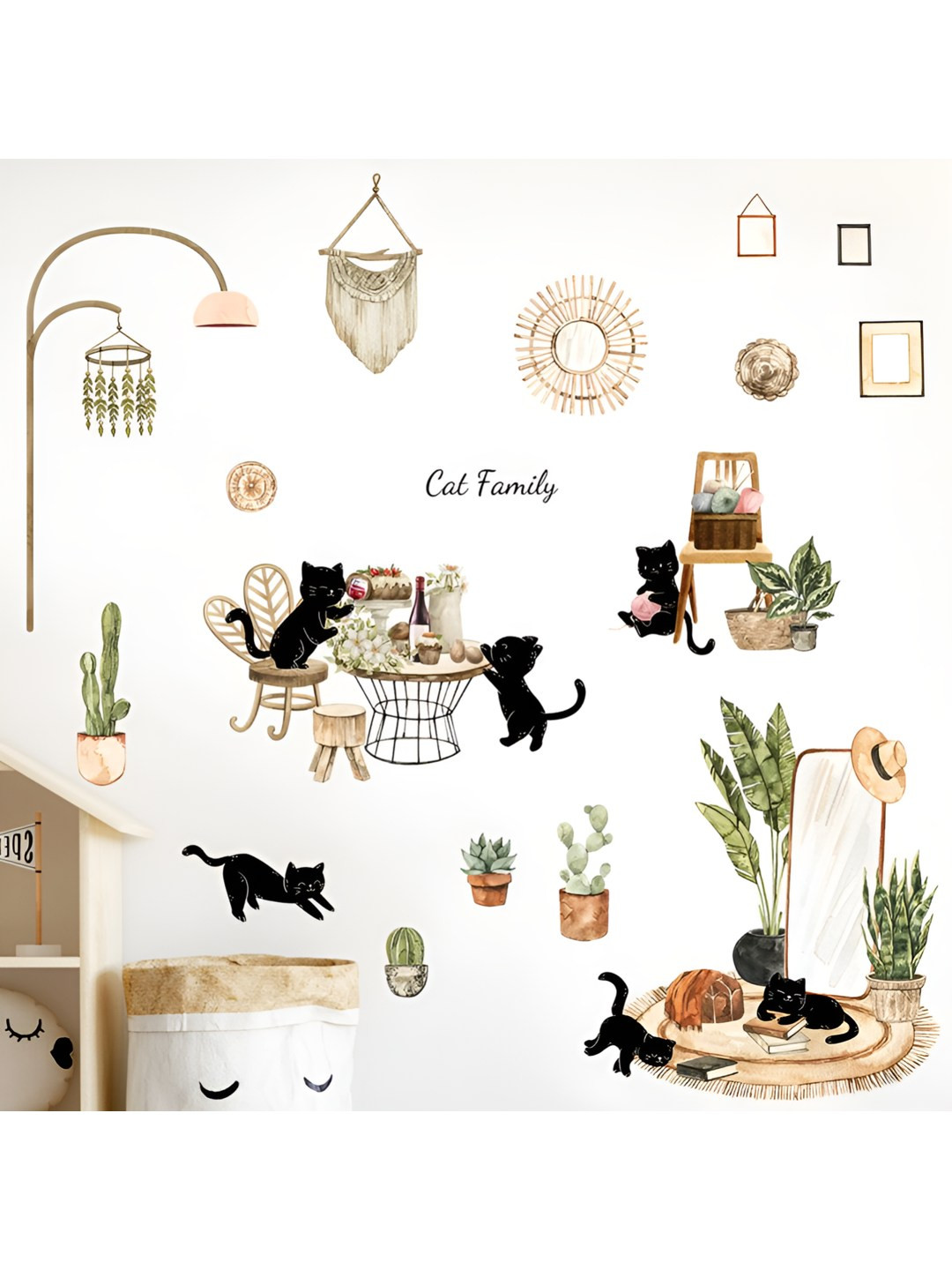 INDIAN ROYALS Brown & Black Cat Family Self Adhesive Wall Sticker