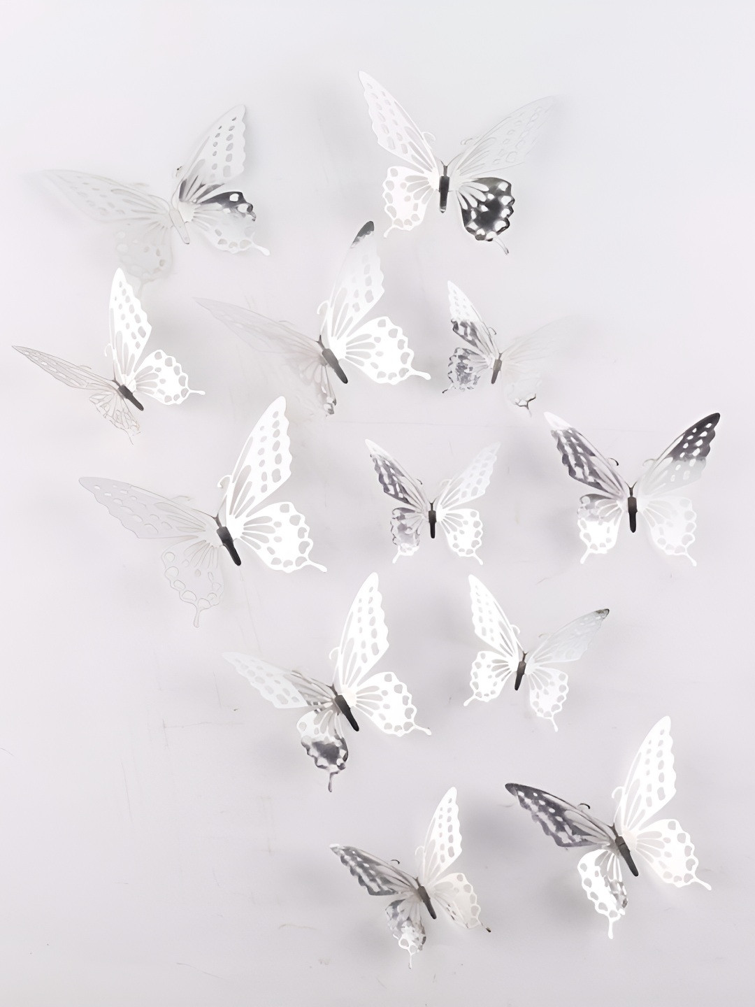 INDIAN ROYALS Set Of 12 White & Silver 3D Butterfly Self Adhesive Wall Sticker