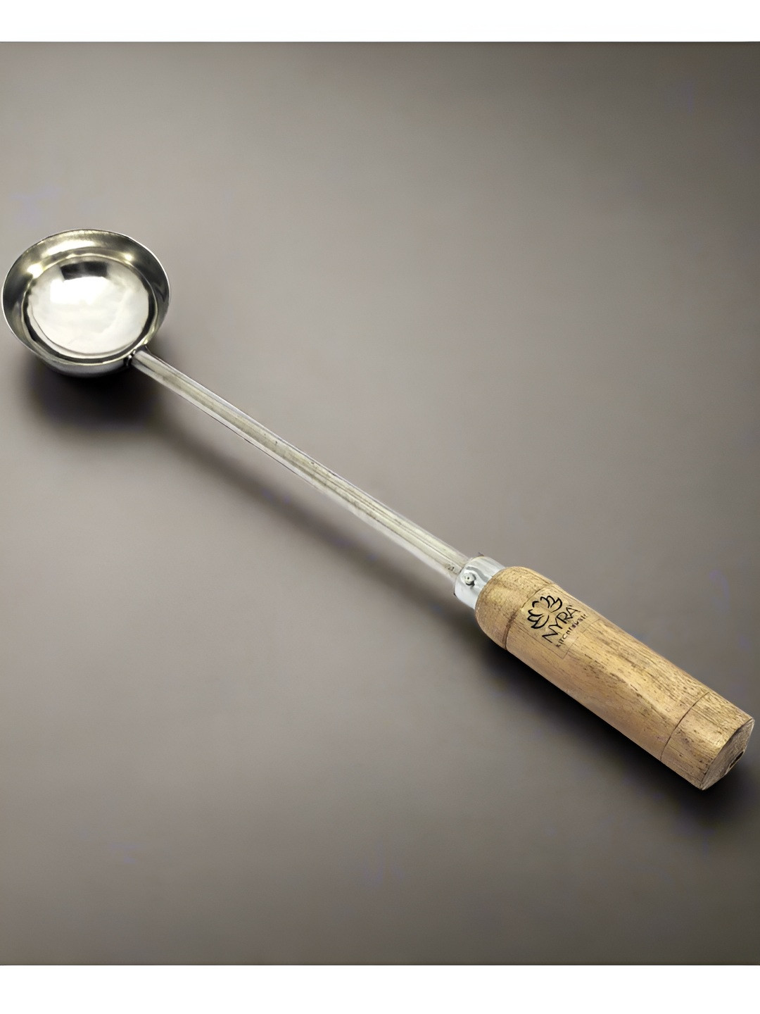Nyra Kitchenware Silver-Toned & Brown Stainless Steel Ladle With Wooden Handle-150 ml