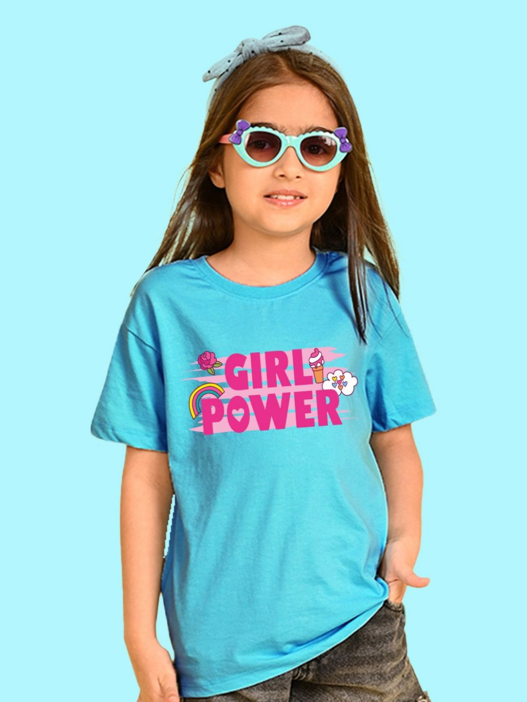 NUSYL Girls Flower & Girl Power Printed Round Neck Short Sleeves Oversized T-shirt