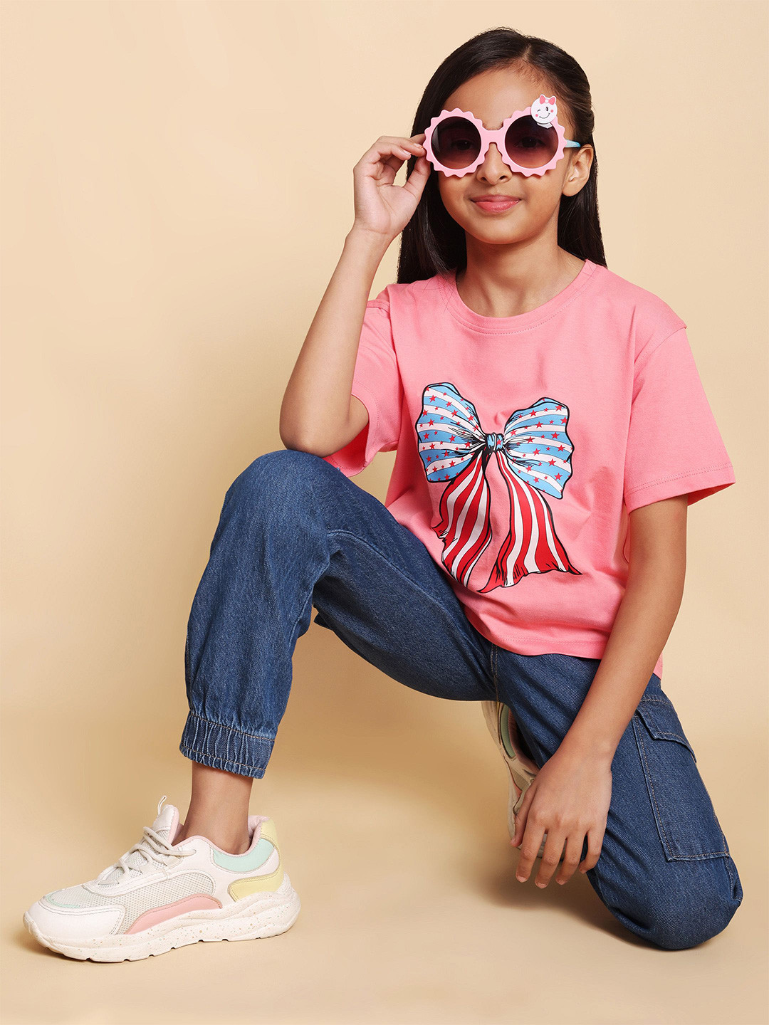 YK Girls Printed Round Neck Pure Cotton T-Shirt With Jogger