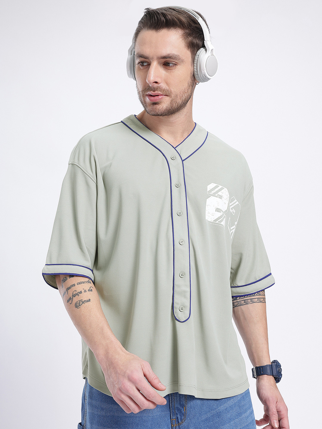 glitchez Print Detail Relaxed Baseball Shirt