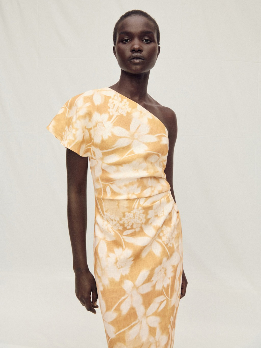 MANGO SELECTION Floral Print One Shoulder Linen Midi Dress