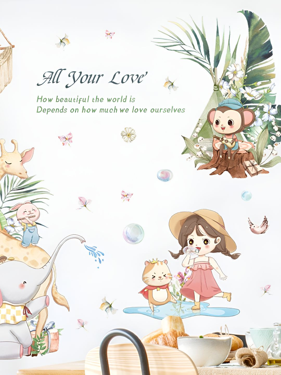 INDIAN ROYALS Green & Red Cute Girl With Elephant Grass Giraffe Vinyl Wall Sticker