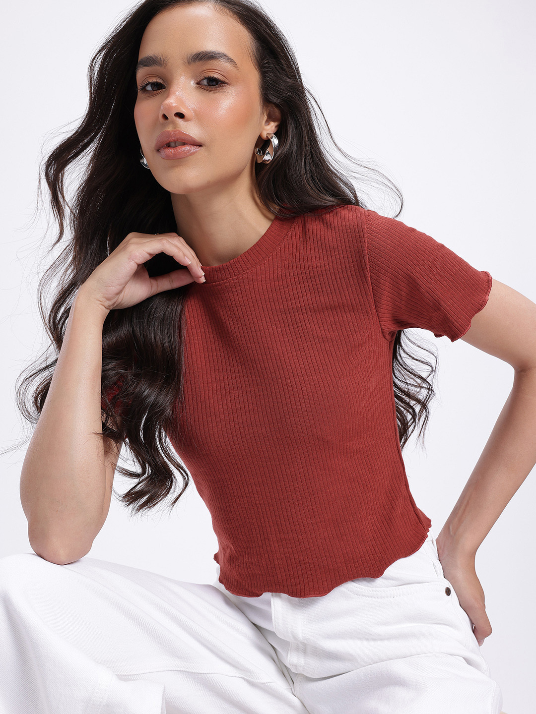glitchez Rust Red Ribbed Crop Top