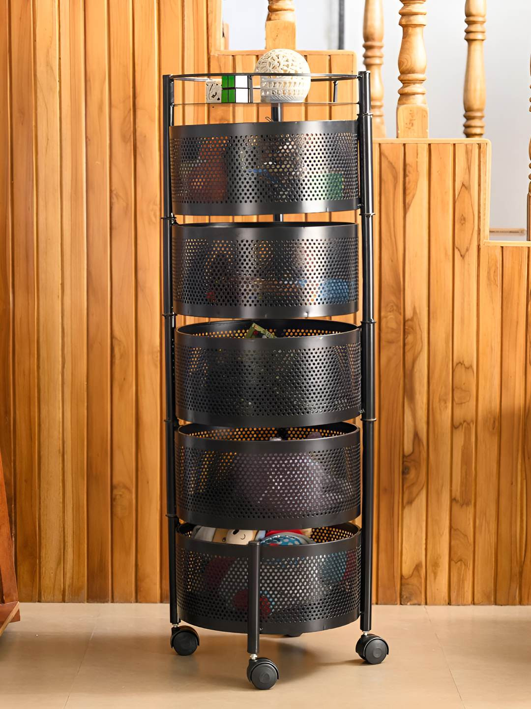 TEX-RO Black 5 Layer Metal Round Kitchen Trolley With Wheels