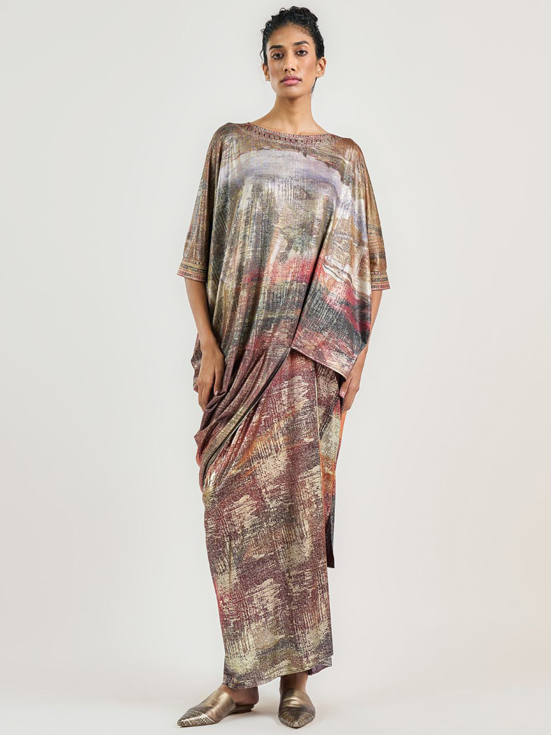 OTT Tarun Tahiliani Printed Pleated Straight Maxi Skirt