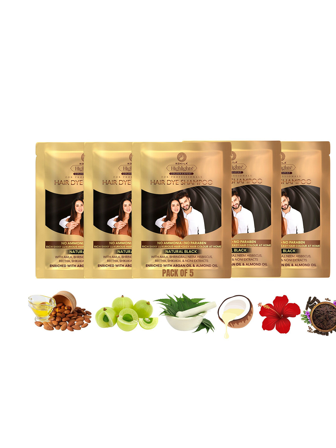 KOKILA Set Of 5 Hair Color Shampoo Sachet- 25 ml Each- Black