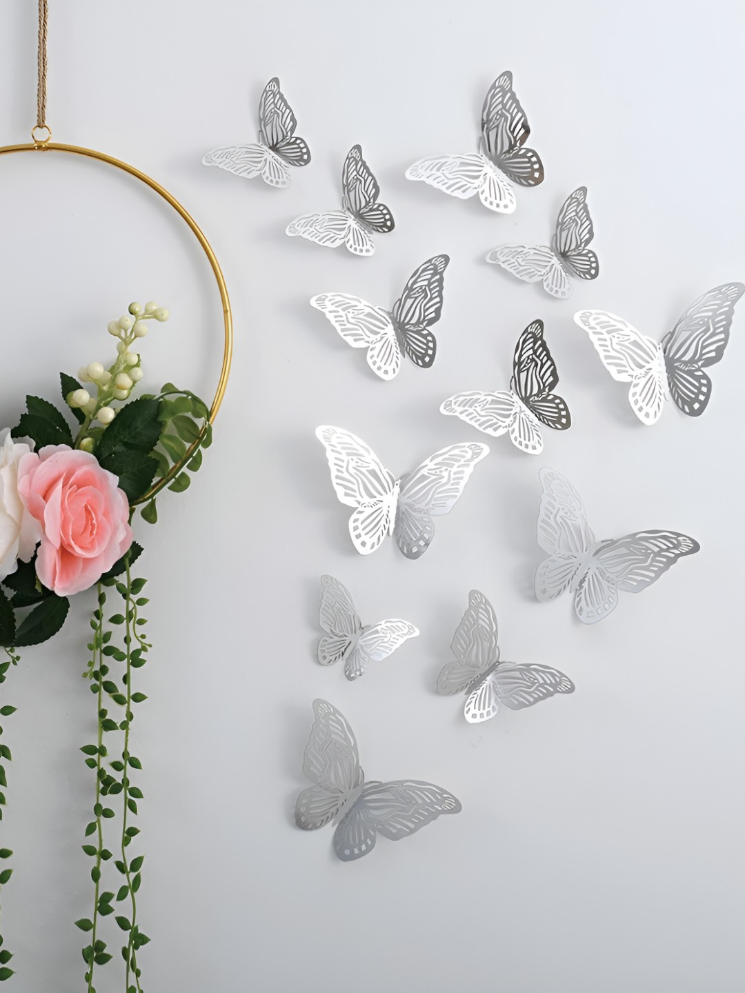 INDIAN ROYALS 12-Pcs Silver 3D Butterfly Self-AdhesiveWallStickers