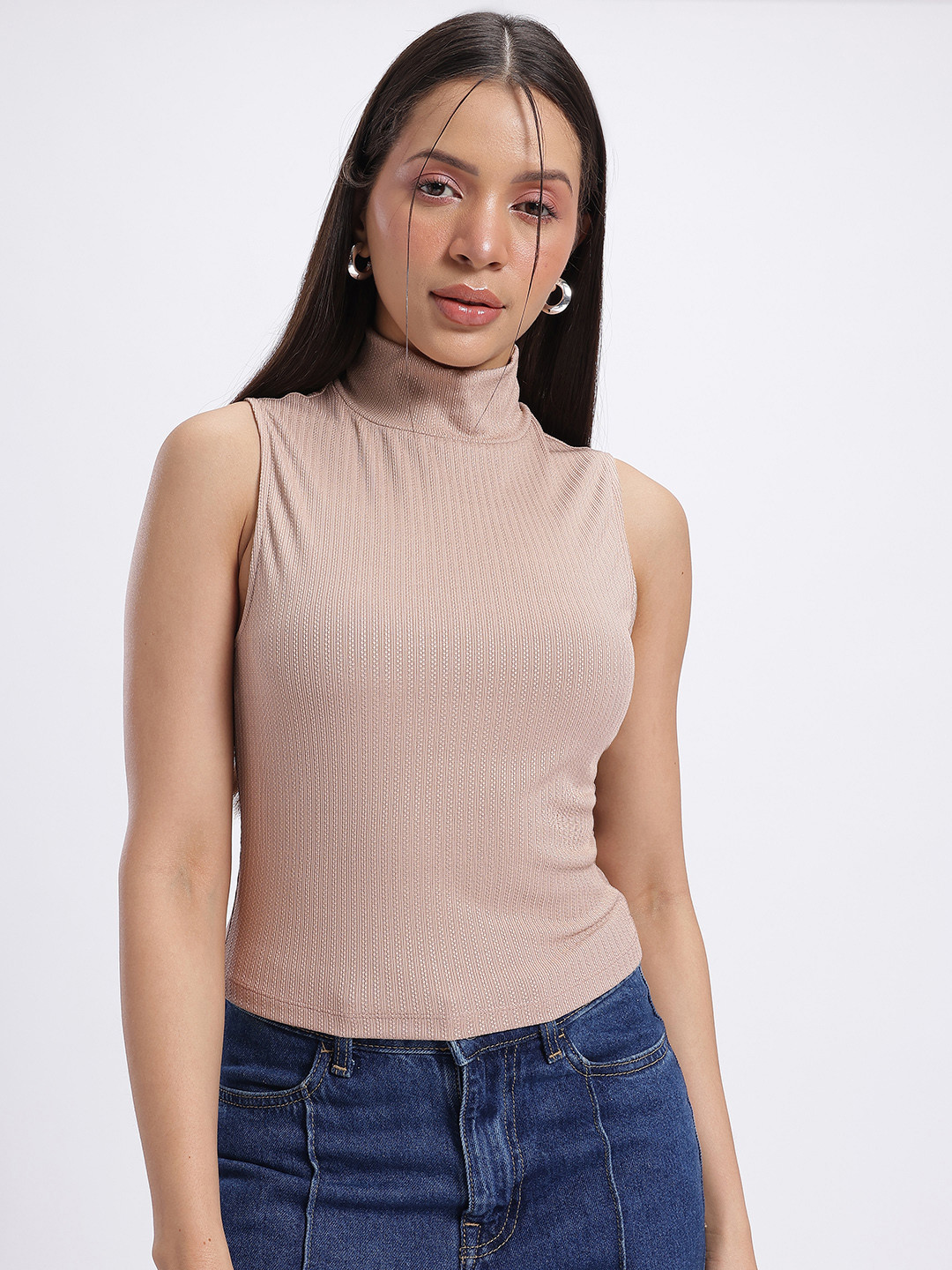 glitchez Realistic Comfort Self-Striped High-Neck Fitted Top