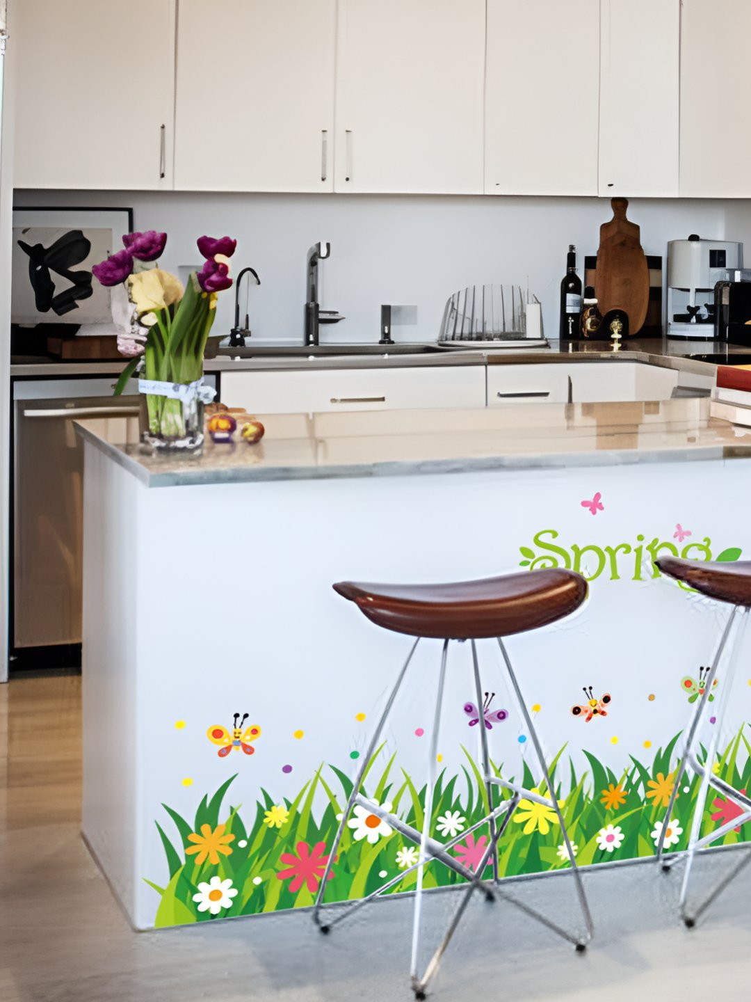 INDIAN ROYALS Green & Yellow Spirng Grass With Flower Self Adhesive Wall Sticker