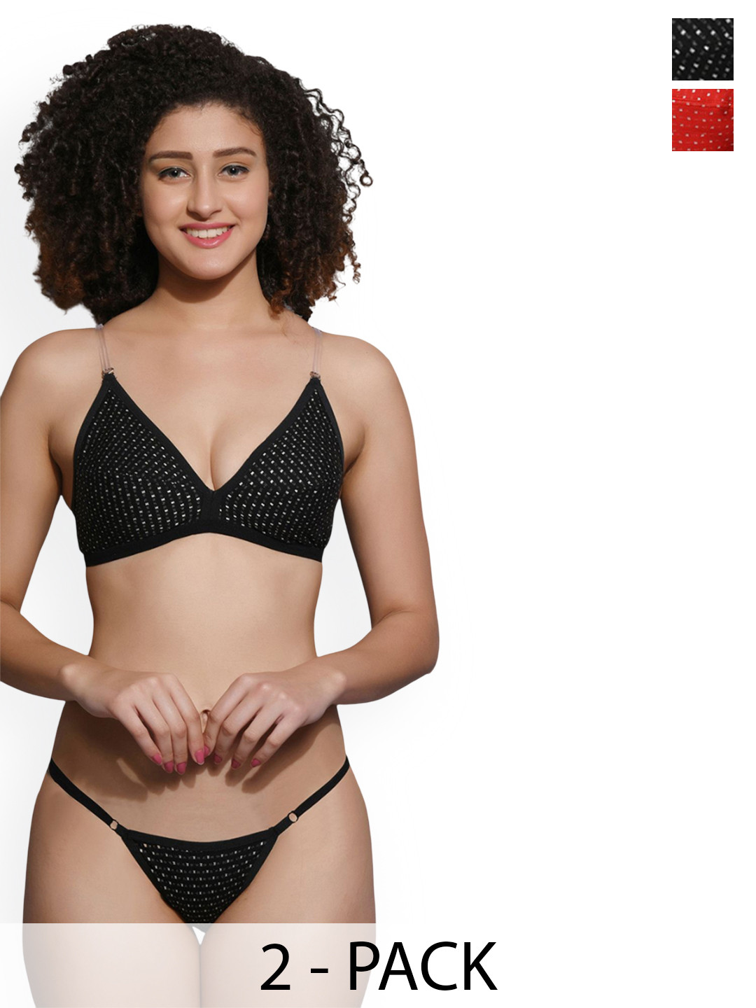 Love Maker Pack Of 2 Polka Dot Printed Non-Padded Lingerie Set LVM-BIJLI-BLK-RED-30B