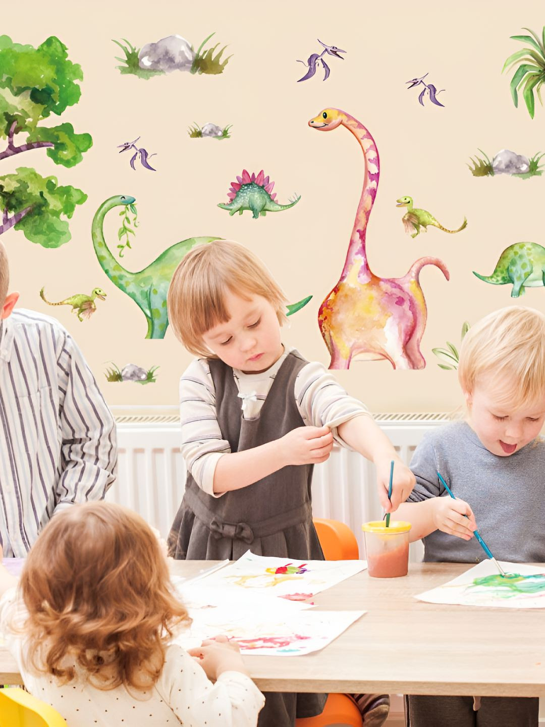 INDIAN ROYALS Green & Pink Dinosaur Animals Printed Waterproof Wall Stickers