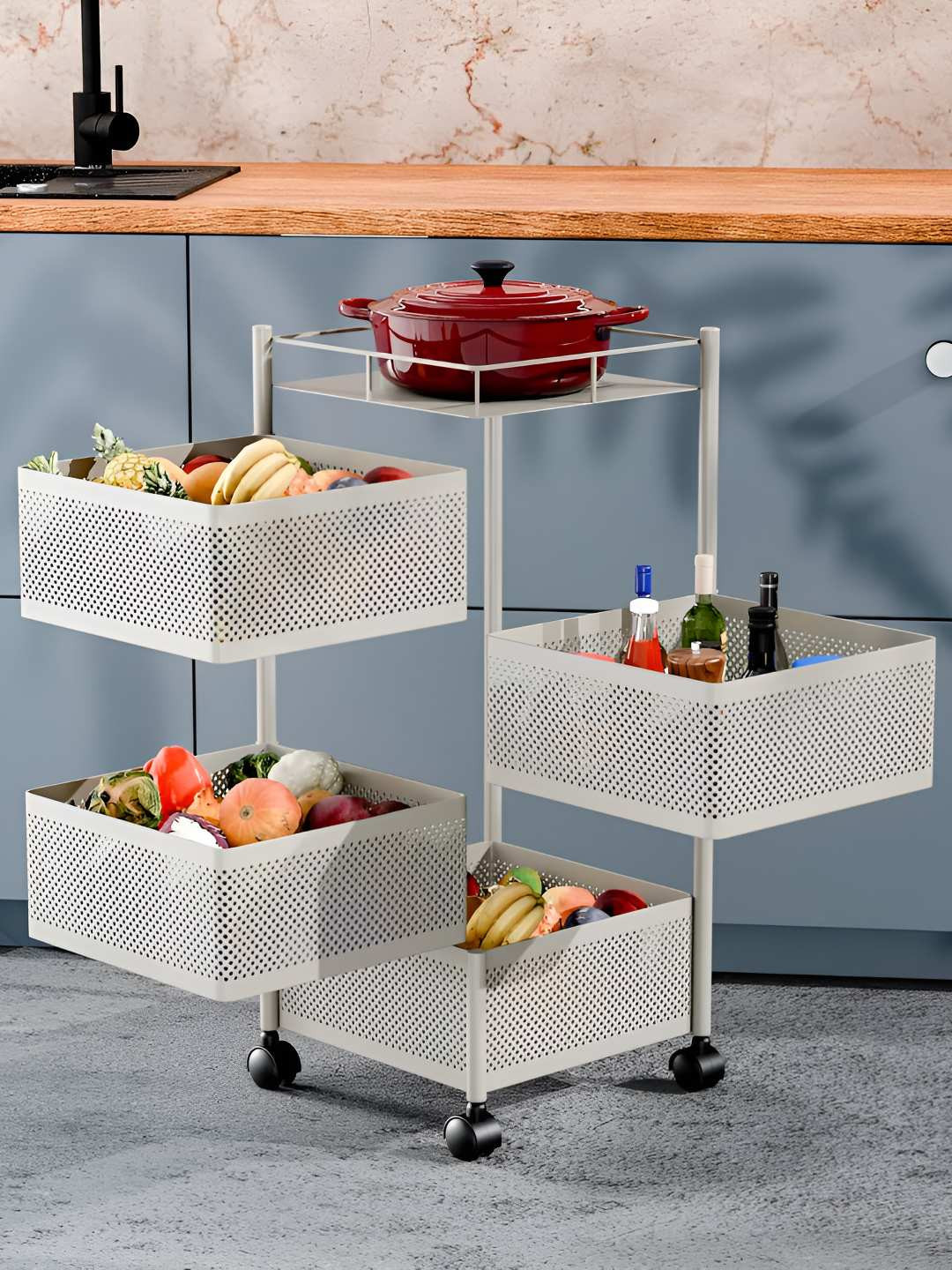 TEX-RO White 4 Layer Metal Kitchen Trolley With Wheels