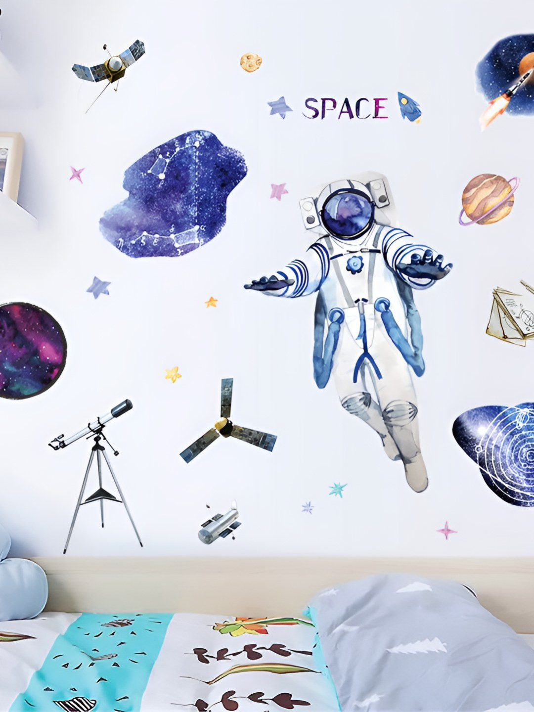 INDIAN ROYALS White & Blue Space & Planet Self Adhesive Wall Sticker
