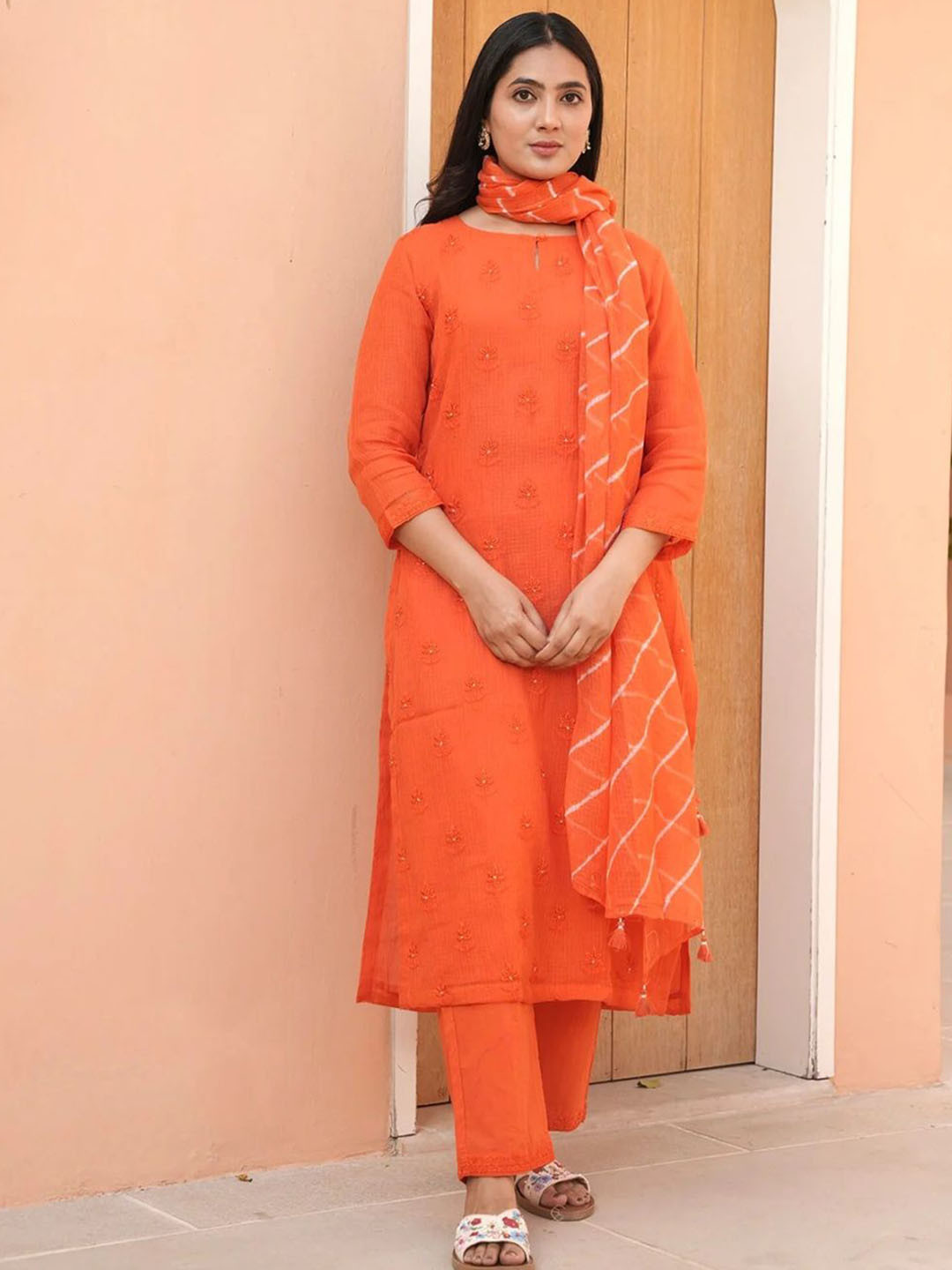 GULABI DORI Floral Embroidered Kota Doria Straight Kurta With Trousers & Dupatta