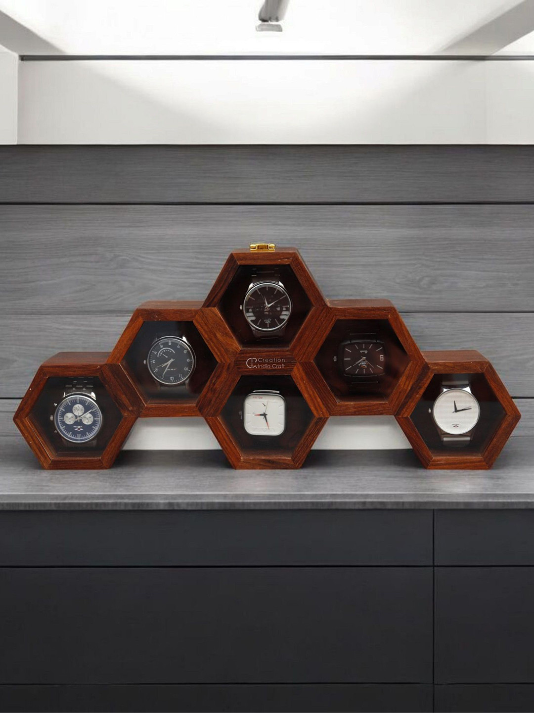 Creation India Craft Brown Wooden 6-Slot Vintage Watch Box