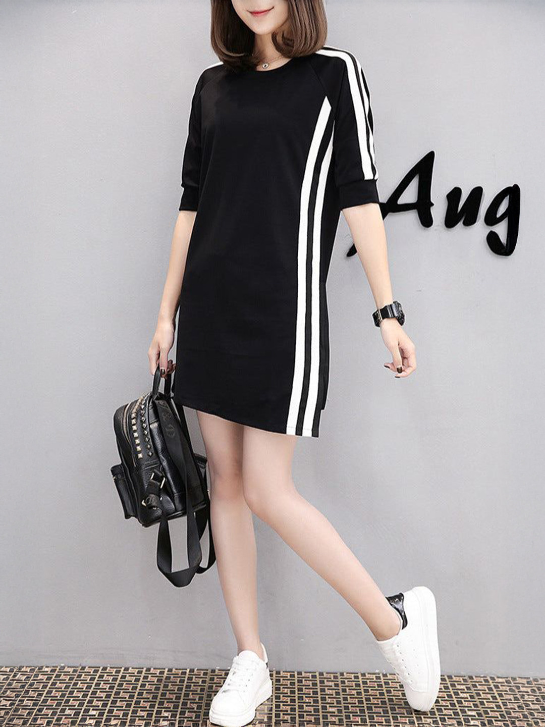 Outzidr Black Side Stripe Tshirt Dress