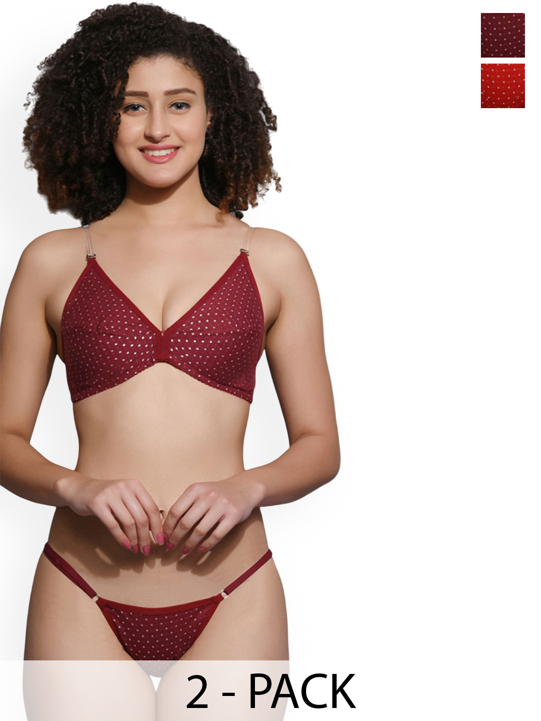 Love Maker Pack Of 2 Polka Dot Printed Non-Padded Lingerie Set LVM-BIJLI-MRN-RED-30B