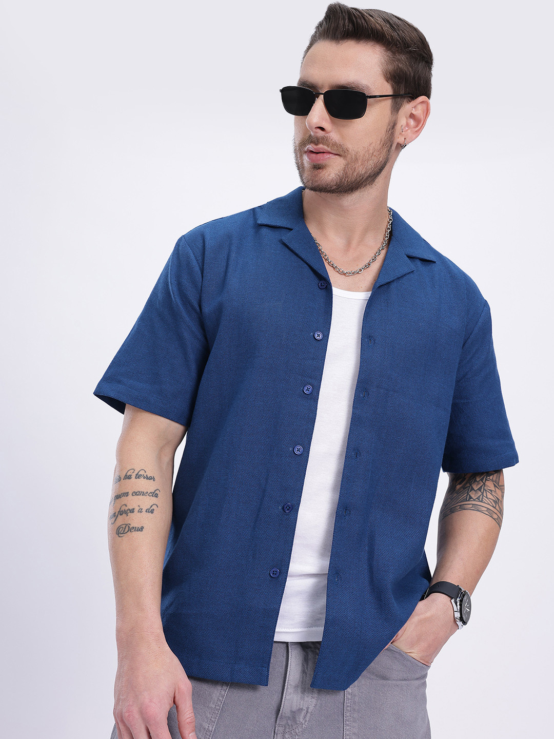 glitchez Relaxed Fit Cuban Collar Bowling Shirt