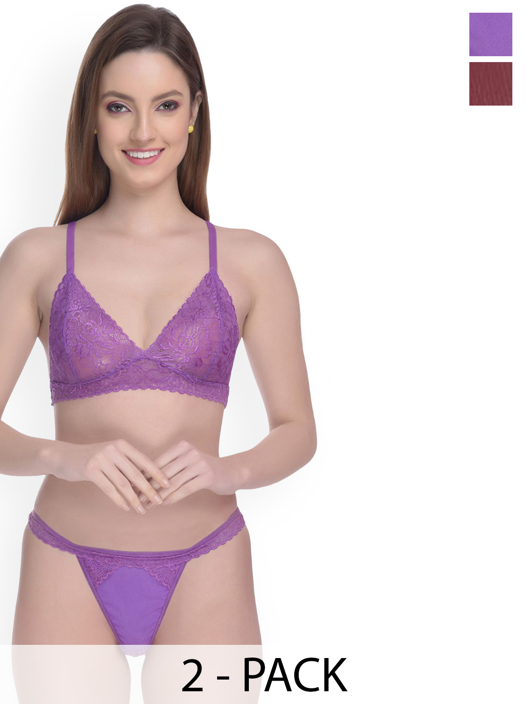 Love Maker Pack Of 2 Self Design Non-Wired Non Padded Lingerie Set LVM-080-PRPL-MRN-30B