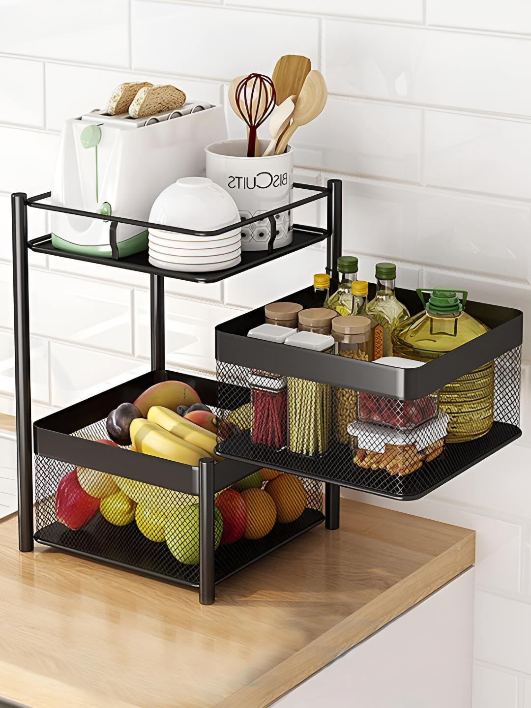 TEX-RO Black 2 Layer Metal Kitchen Trolley With Wheels