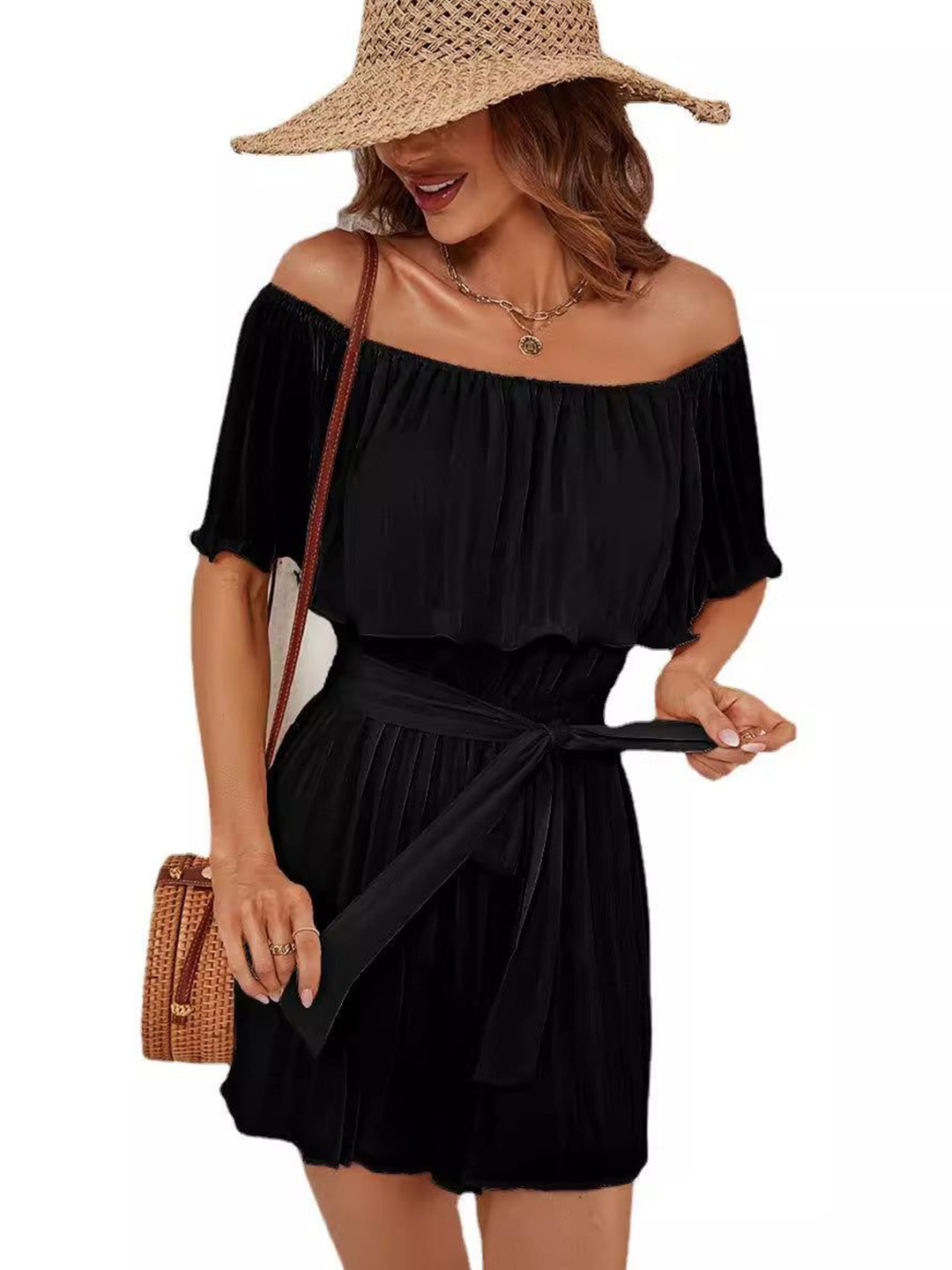Outzidr Off-Shoulder Pleated Dress