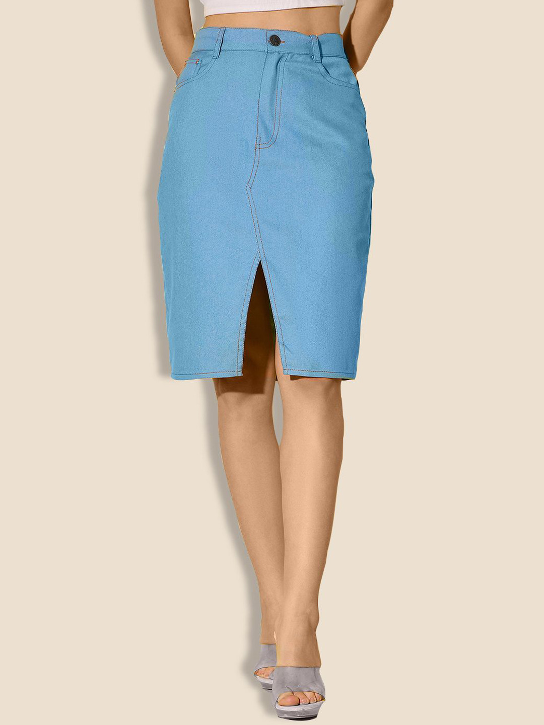 CORSICA High-Waist Straight Knee Length Skirt With Front Slit