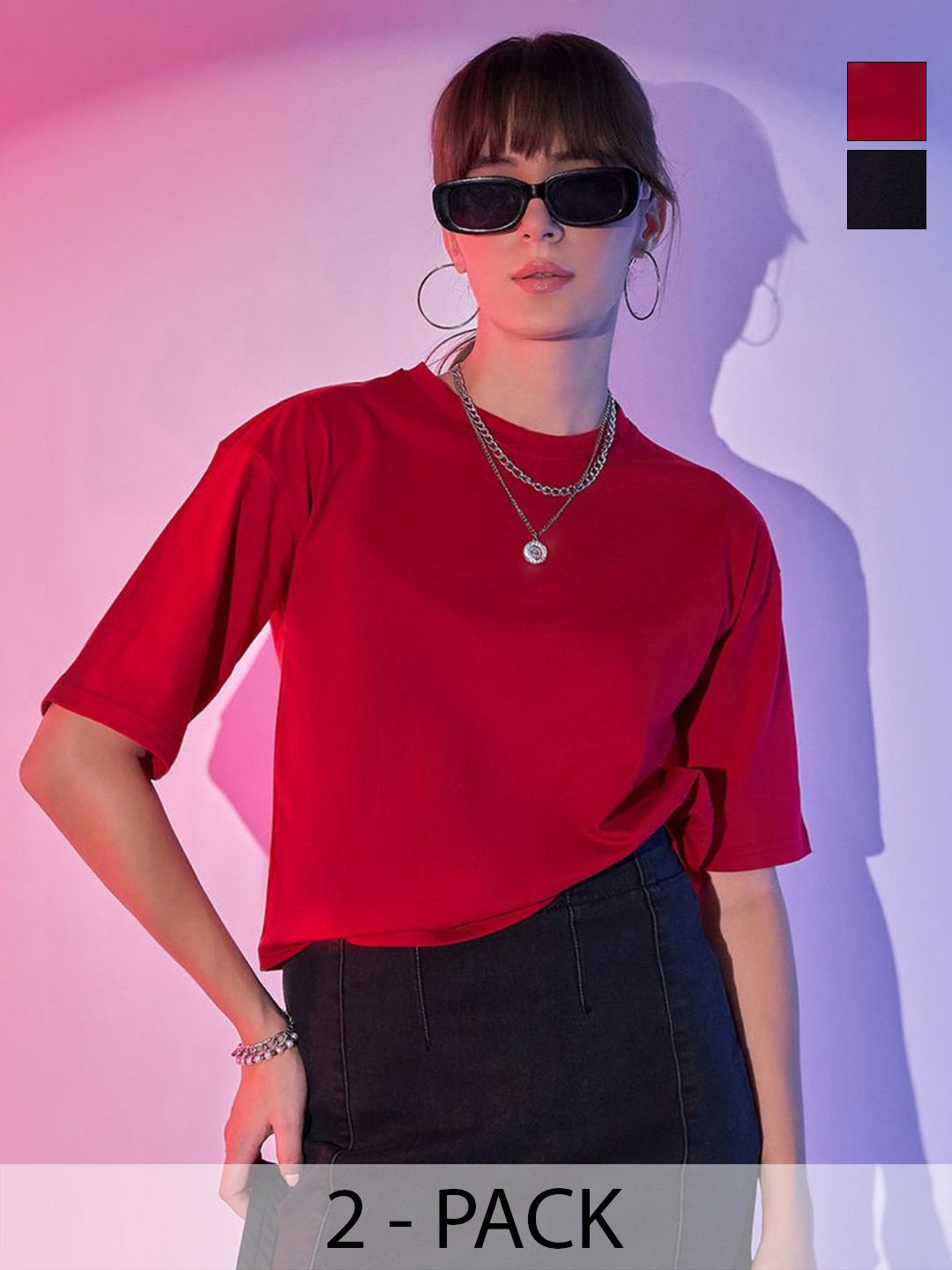 DIMPY GARMENTS Pack of 2 Women Cotton  Loose Fit Boxy T-shirt