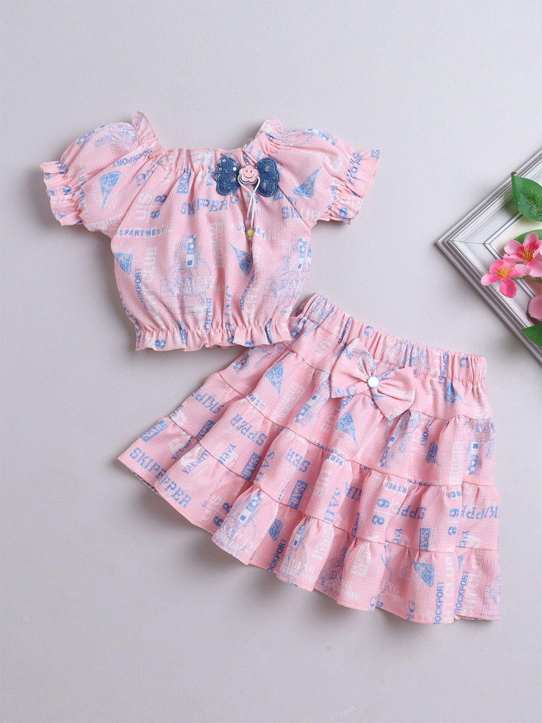The Magic Wand Girls Printed Short Sleeves Top With Skirt