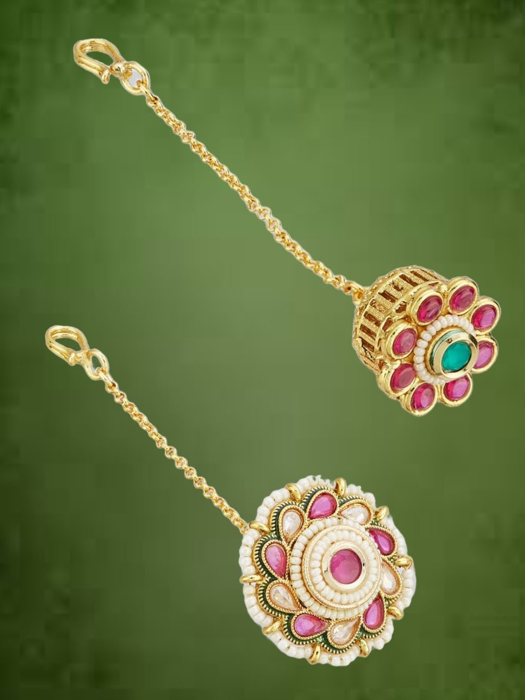 ATIBELLE Set of 2 Gold-Plated Stone Studded and Rajasthani Borla Beaded Maang Tikkas